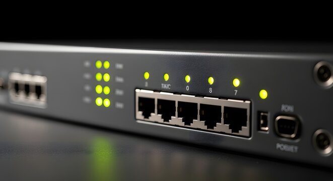 Server rack network hardware device close up featuring glowing green status lights and multiple ethernet ports for cyber security concepts