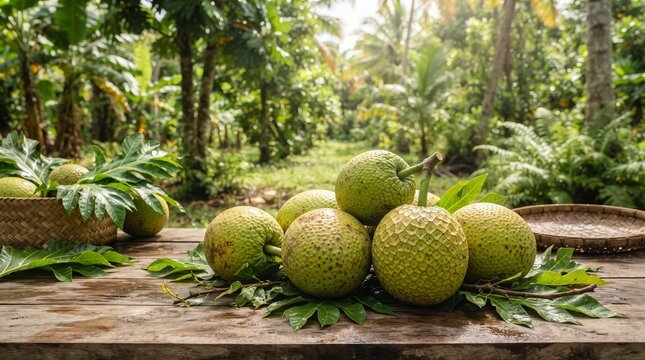 Fresh ripe breadfruits harvested on a rustic wooden table in a lush tropical plantation setting