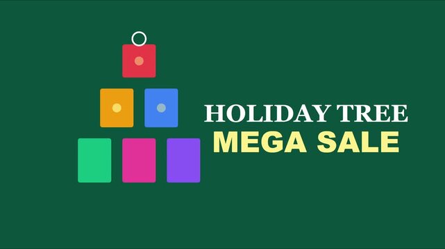 Holiday tree mega sale animation with colorful gift boxes and festive 4k christmas