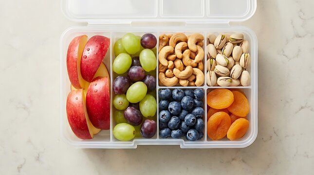 Healthy bento lunch box filled with fresh fruits nuts and berries for a nutritious snack or meal prep. portable power snacks