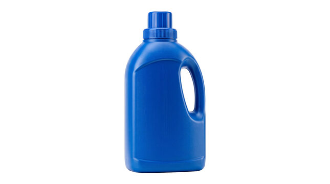 Blue plastic bottle for liquid detergent or fabric softener with handle on transparent background.