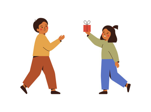School children exchanging gift boxes. Girl giving to boy present, surprises for holiday. Happy friends with small gift box. Flat vector illustration isolated on white background