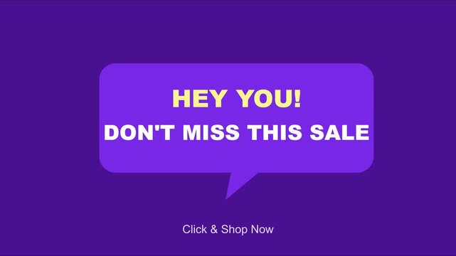 Hey you! don't miss this sale animated promotional call to action button with click and shop now text for e-commerce marketing animation 4k
