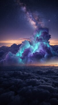 Stunning view of the milky way galaxy above a glowing storm cloud at night.