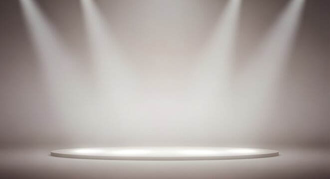 Empty modern corporate presentation stage with round podium platform lit by bright top spotlights for product display event launch and performance presentation