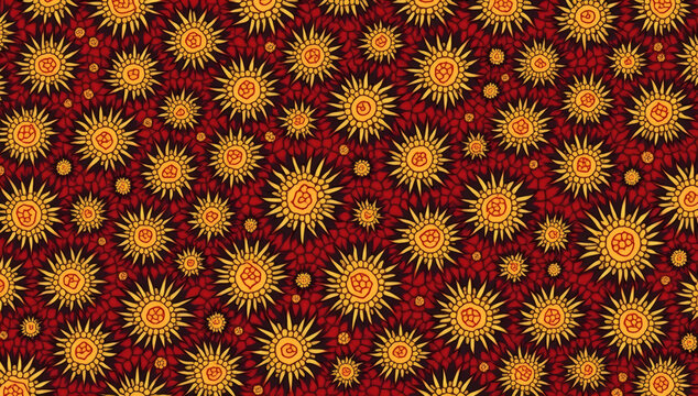 Aboriginal style seamless pattern with stylized sun symbols in red and yellow