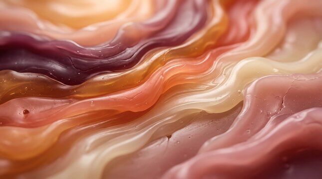 Abstract background featuring flowing wavy layers of warm colored wax or liquid gel.