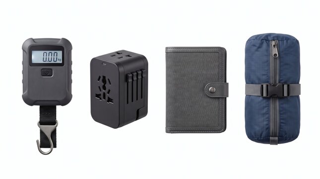 Essential travel accessories including luggage scale adapter wallet and packing organizer isolated on white background.