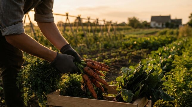 Sustainable Agriculture: Young farmer harvesting vegetables in a rural field 