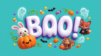 Fototapeta premium Cute 3D Halloween Boo Background with Pumpkin, Ghosts, Bunny, Fox and Squirrel