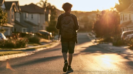 Obraz premium Young person walks down a suburban street during golden hour, surrounded by houses and trees, capturing a moment of solitude and exploration in nature