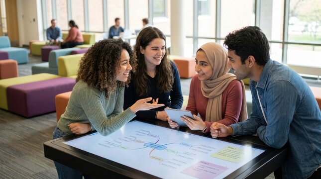 Collaborative Innovation: Diverse students discussing ideas around a digital learning table 