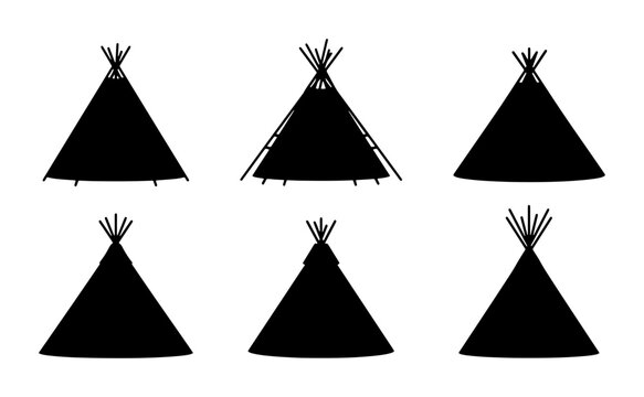 Six Black Teepee Icons, Indigenous Dwelling Symbols, Tribal Shelter Vector Graphics