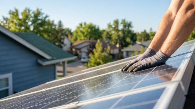 Renewable Energy: Homeowner checking solar panels beside a suburban house 