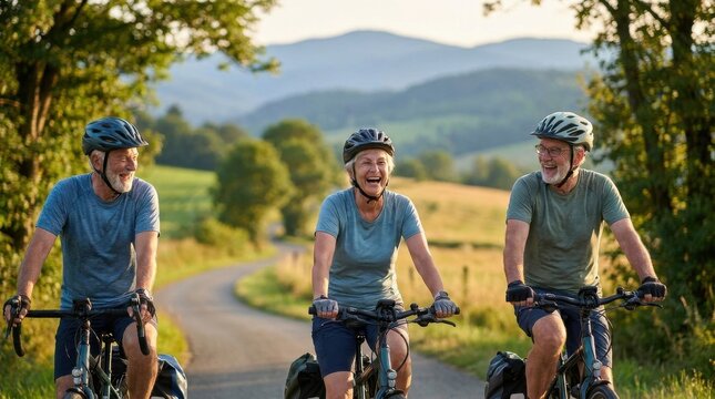 Retirement Lifestyle: Older friends cycling together on a countryside road 