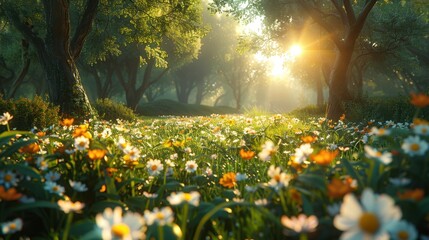 Obraz premium Flowering meadow surrounded by tall green trees