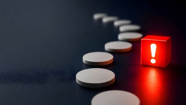 Glowing red warning cube with exclamation mark and stepping stones for business risk alert