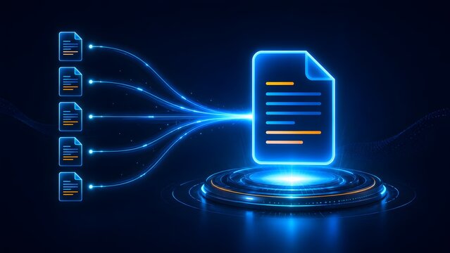 Digital document management concept with glowing blue files on futuristic cyber podium
