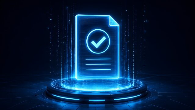 Glowing blue digital document with checkmark on futuristic podium for smart contract and verification