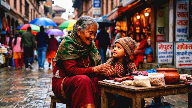 Elderly woman and young girl sitting at a market stall in a busy street
