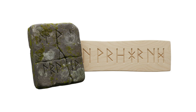 Ancient Stone Tablet and Carved Wooden Board with Runes