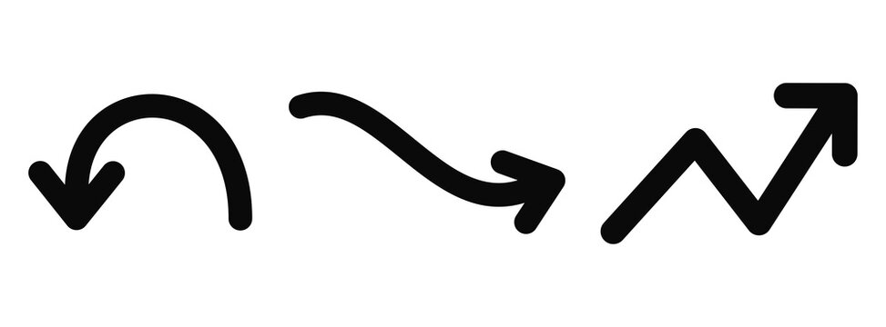 Set of three distinct black arrow icons featuring a curved return arrow, a wavy arrow, and a zigzag upward arrow isolated on transparent background