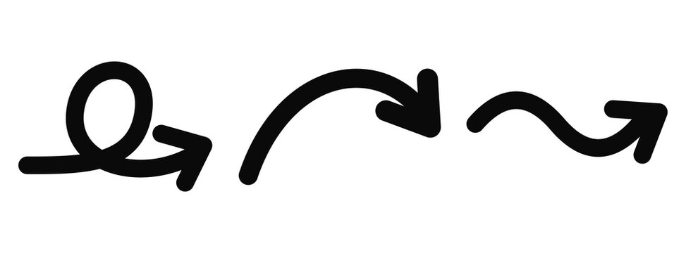 Set of handdrawn doodle arrows with loop, curved, and wavy shapes isolated on transparent background