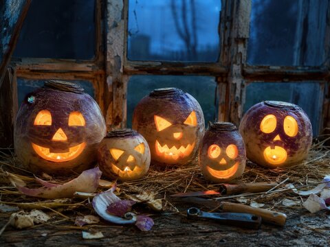 Leuchtende geschnitzte K&uuml;rbislaternen mit unterschiedlichen Gesichtern auf rustikalem Tisch. Ungew&ouml;hnliche Halloween-Dekoration mit warmem Kerzenlicht und handwerklichem Charakter.