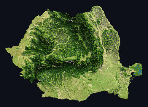 Romania Shaded Relief Map. Hillshaded physical terrain map illustration. Romania elevation, topography, and landforms.