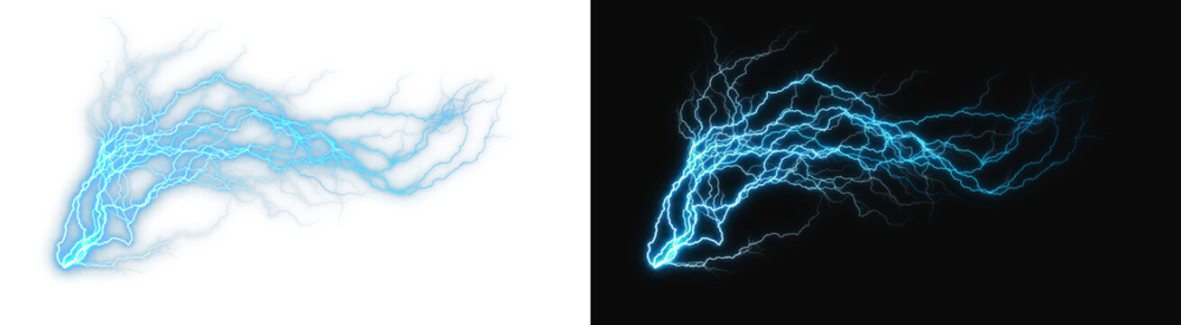 Intense glowing blue lightning bolt strike featuring jagged energetic electrical plasma arcs displaying high voltage power on transparent background