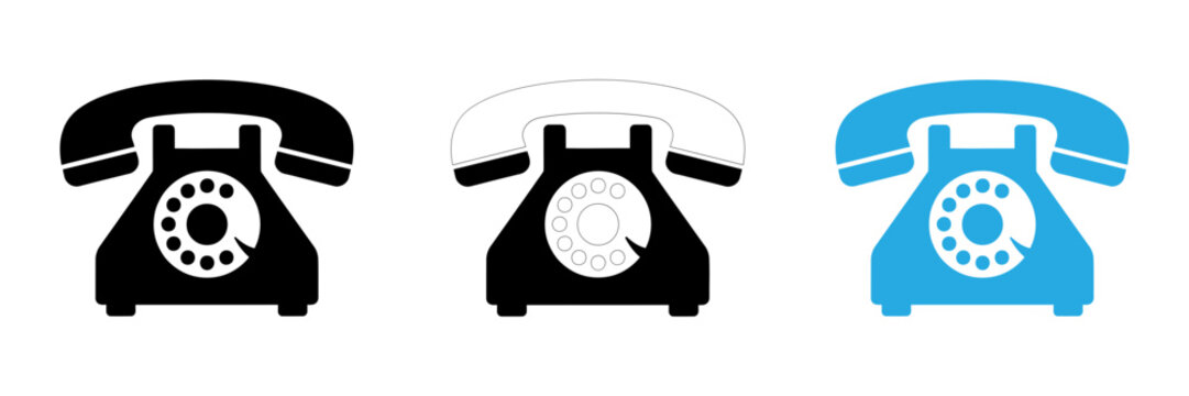 Set of three vintage rotary telephone icons in black and blue colors isolated on a white background