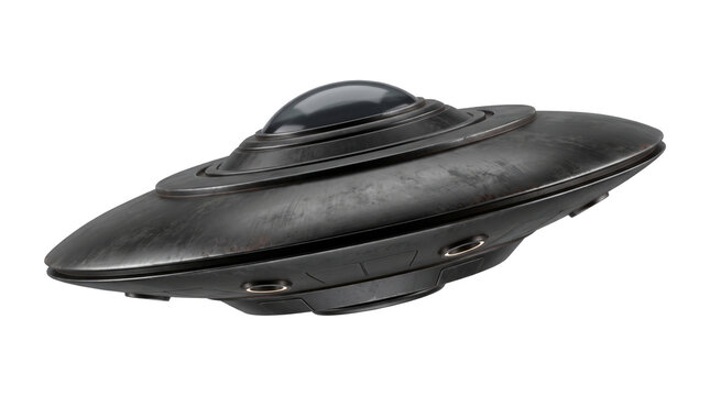 Weathered metallic black ufo saucer with detailed dome and textured plating for realistic space visuals.