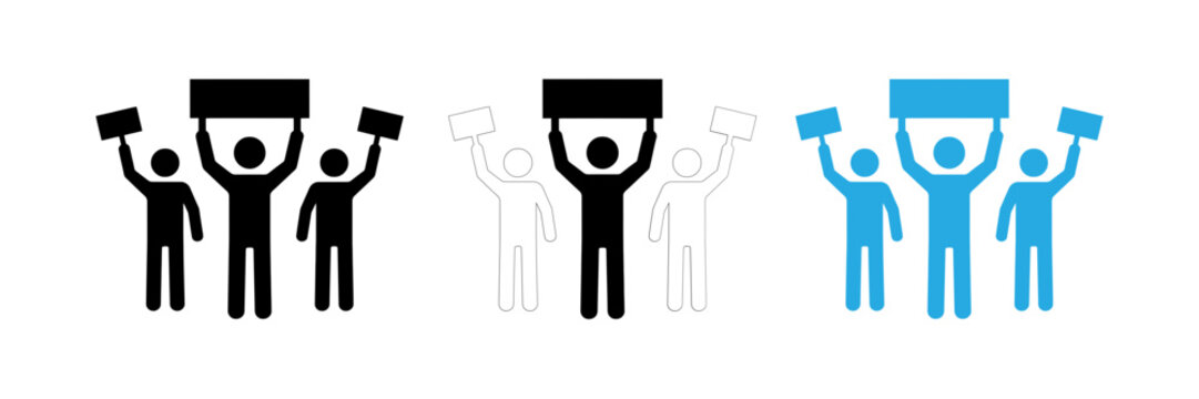 Set of three stylized icons showing groups of people holding blank protest signs for demonstration and activism concepts