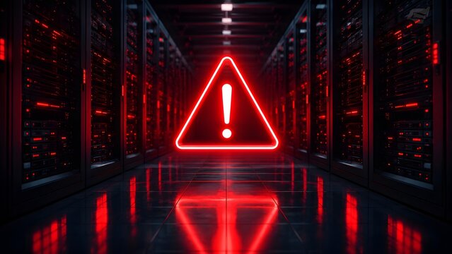 Glowing red alert triangle icon in a dark server room representing network error and cybersecurity threat