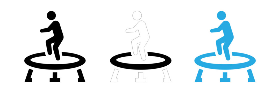 Set of three stylized icons showing a person jumping on a trampoline in different graphic styles