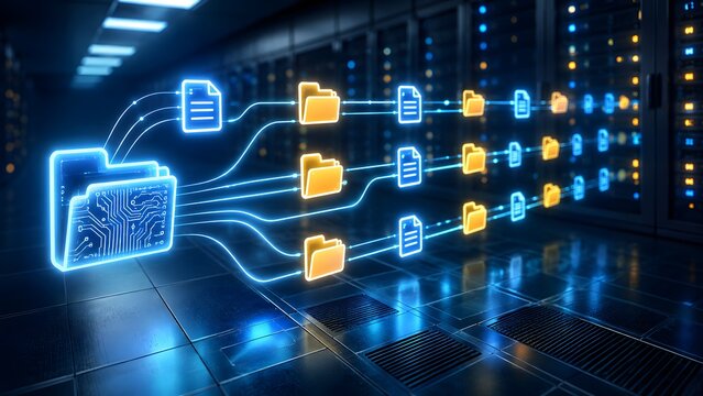 Large digital folder distributing file icons through glowing network lines in a modern data center