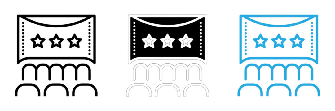 Set of three stylized ticket icons with star designs isolated on a white background for graphic design