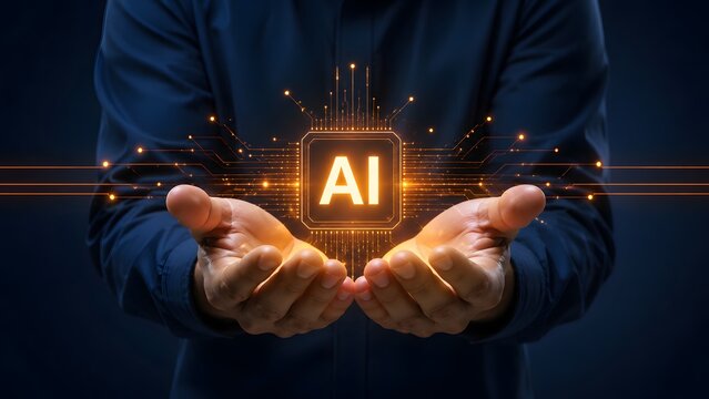 Glowing artificial intelligence microchip hovering over hands with digital circuit traces