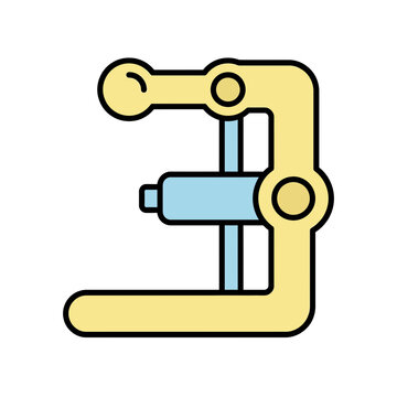 Flat clamp vector icon, yellow and blue woodworking tool illustration. Simple outlined clamp symbol for carpentry, repair, hardware UI