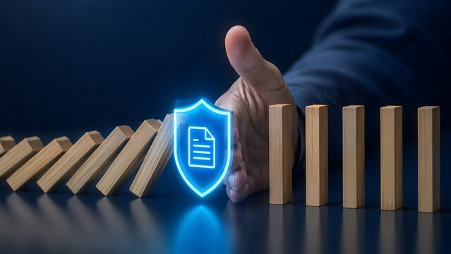 Businessman hand stopping falling wooden dominoes with a glowing blue document shield representing data protection and business risk management