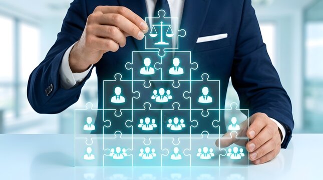 Businessman building organizational structure puzzle pyramid with corporate governance icon representing corporate hierarchy