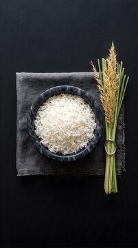 Top View Minimalist Bowl of White Rice with Golden Stalk on Black Fabric