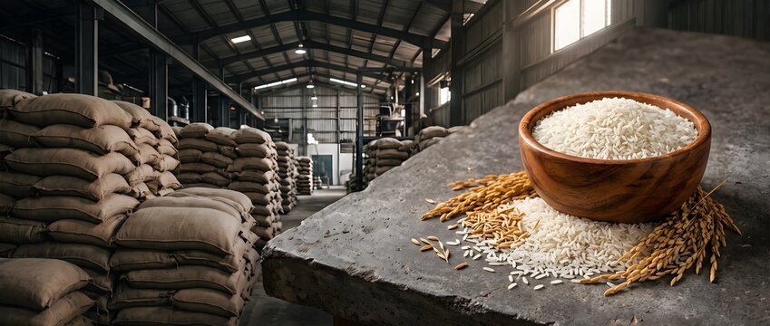 Industrial Grain Warehouse Storage with Wooden Bowl of White Rice