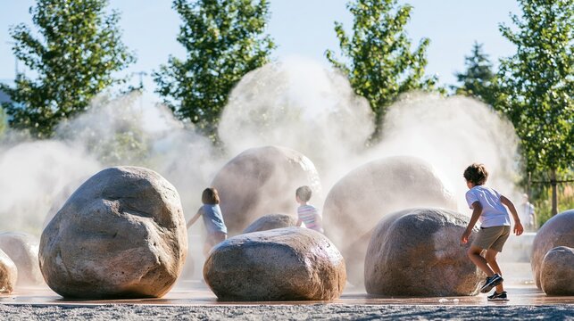 Children playing among large rounded stones in a splash pad area, with mist rising and greenery in the background under a clear blue sky