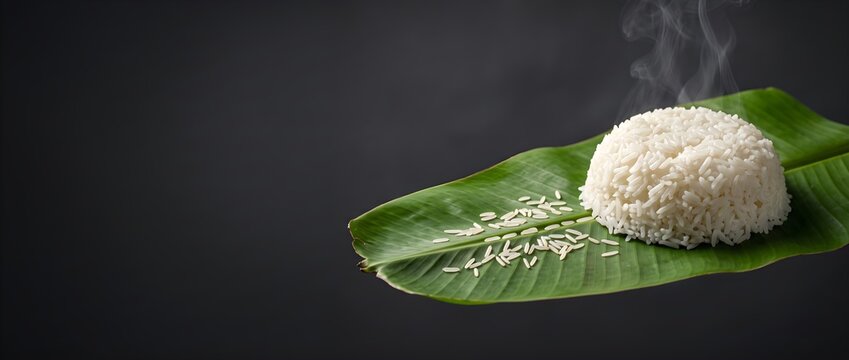 Steaming Dome of Cooked Rice on Banana Leaf against Dark Background