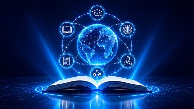 Digital earth globe emerging from a glowing open book with network icons representing global education, e-learning communities, and worldwide knowledge sharing