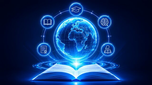 Futuristic glowing open book with a digital globe and network icons representing global education, international e-learning, and worldwide digital knowledge