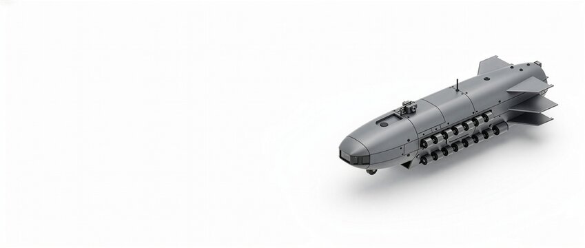 自律型水中無人潜水艇（AUV/UUV）防衛ドローンの3Dレンダリング 背景白 コピースペース（21:9 Webヘッダー用）