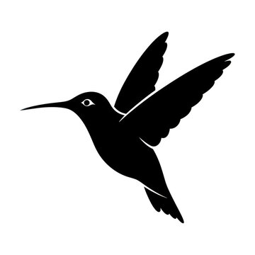 Black silhouette of a hummingbird in flight with outstretched wings isolated on transparent background, elegant and dynamic bird illustration for design.