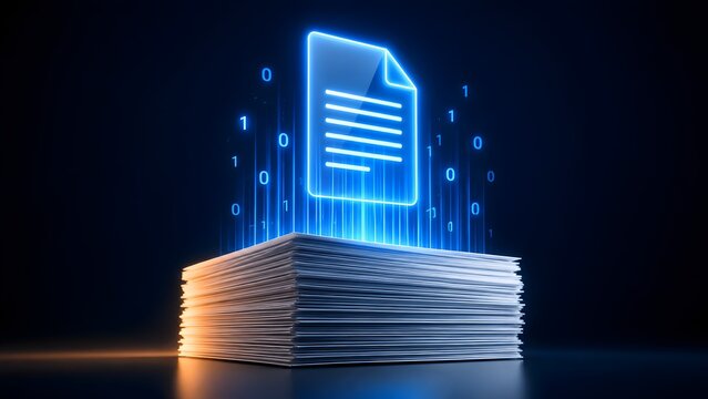 Glowing digital document icon and binary code rising from a stack of physical papers representing paperless data conversion
